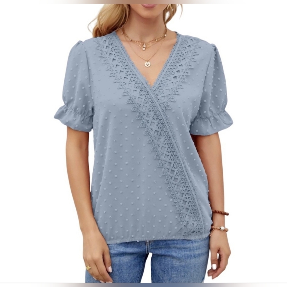 LOLONG Short Sleeve Faux Wrap Lace Blouse, Light Blue, Size Small